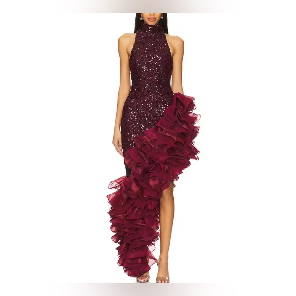 NEW $379 Lady Merlot Burgundy Sequin High-Neck Ruffle Train Gown